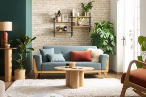 Canapé scandinave 3 places en tissu vert de gris et bois clair FJORD