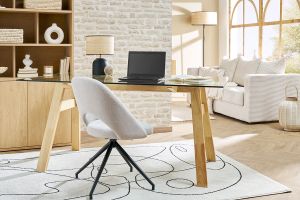 Chaise pivotante 360° en tissu effet velours texturé beige et métal noir COSETTE