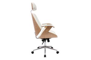 Fauteuil de bureau de direction design blanc, bois clair et acier chromé MUSK