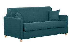 Canapé convertible 3 places en tissu bleu canard et bois clair avec matelas 18 cm SKANDY