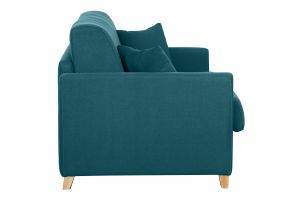 Canapé convertible 3 places en tissu bleu canard et bois clair avec matelas 18 cm SKANDY