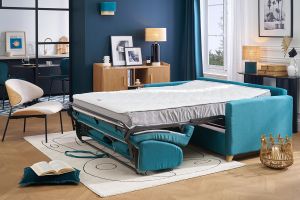 Canapé convertible 3 places en tissu bleu canard et bois clair avec matelas 18 cm SKANDY
