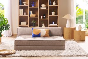 Chauffeuse 2 places convertible en tissu taupe KATY