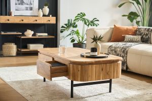 Table basse avec rangements en bois massif et métal noir 4 tiroirs L115 cm NAPOLI