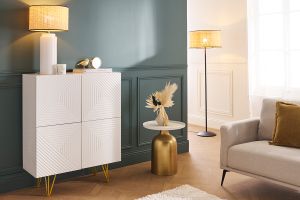 Buffet haut design gravé blanc mat et métal doré 4 portes L86 cm OZEN