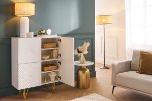 Buffet haut design gravé blanc mat et métal doré 4 portes L86 cm OZEN