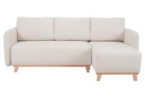 Canapé d'angle convertible et réversible 3-4 places en tissu effet velours beige et bois clair ROMANE