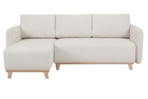 Canapé d'angle convertible et réversible 3-4 places en tissu effet velours beige et bois clair ROMANE