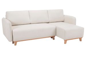 Canapé d'angle convertible et réversible 3-4 places en tissu effet velours beige et bois clair ROMANE
