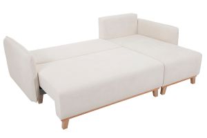 Canapé d'angle convertible et réversible 3-4 places en tissu effet velours beige et bois clair ROMANE