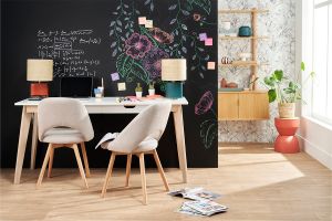 Lampe à poser en céramique bleu pétrole mat et abat-jour en raphia naturel H40 cm TIGA