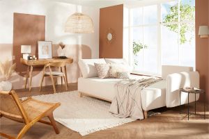 Canapé d'angle convertible et réversible 3-4 places en tissu effet velours beige et bois clair ROMANE