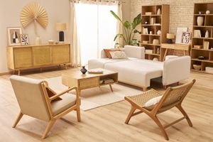Canapé d'angle convertible et réversible 3-4 places en tissu effet velours beige et bois clair ROMANE
