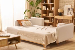 Canapé d'angle convertible et réversible 3-4 places en tissu effet velours beige et bois clair ROMANE