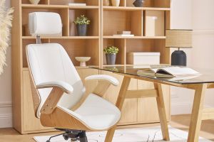 Fauteuil de bureau de direction design blanc, bois clair et acier chromé MUSK