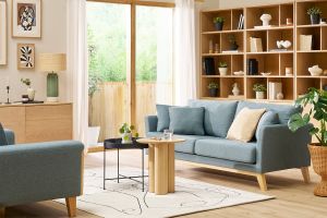 Canapé scandinave déhoussable 3 places en tissu vert de gris et bois clair OSLO