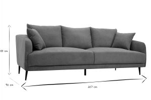Canapé design 3 places en tissu effet velours gris et métal noir JERRY