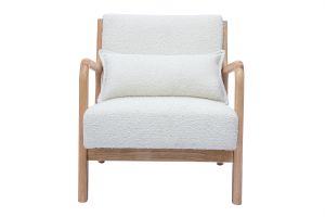 Fauteuil scandinave en tissu effet laine bouclée blanc et bois clair massif DERRY