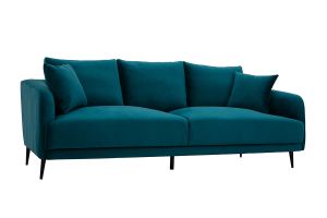 Canapé design 3 places en tissu velours bleu pétrole et métal noir JERRY