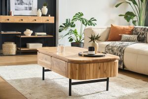 Table basse avec rangements en bois massif et métal noir 4 tiroirs L115 cm NAPOLI