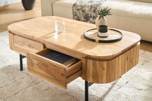 Table basse avec rangements en bois massif et métal noir 4 tiroirs L115 cm NAPOLI