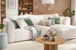 Canapé d'angle droit design en tissu velours côtelé écru 3-4 places PANAM