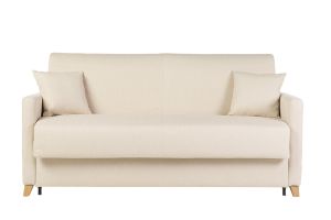 Canapé convertible 3 places en tissu beige et bois clair avec matelas 18 cm SKANDY