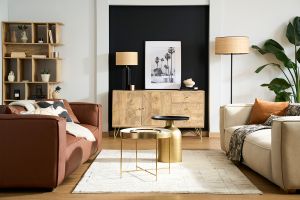 Table d'appoint design ronde en métal doré et plateau noir mat RAMSES