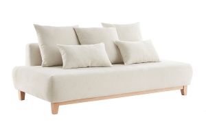 Canapé 3 places en tissu effet velours texturé beige et bois clair L200 cm ODEON