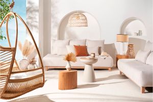 Canapé 3 places en tissu effet velours texturé beige et bois clair L200 cm ODEON