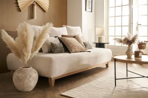 Canapé 3 places en tissu effet velours texturé beige et bois clair L200 cm ODEON