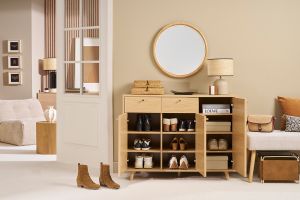 Meuble d'entrée -  meuble de rangements à chaussures finition bois clair chêne et métal doré L110 cm SILVESTRE