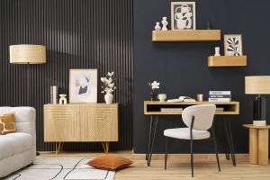 Buffet design gravé finition bois clair chêne et métal doré 2 portes L107 cm OZEN