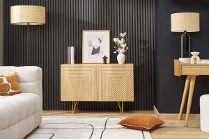 Buffet design gravé finition bois clair chêne et métal doré 2 portes L107 cm OZEN