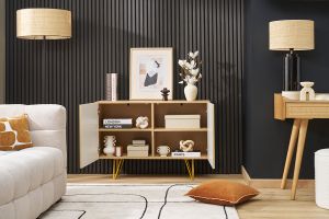 Buffet design gravé finition bois clair chêne et métal doré 2 portes L107 cm OZEN