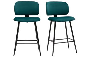 Tabourets de bar en tissu velours bleu pétrole et métal noir H70 cm (lot de 2) ATRIUM