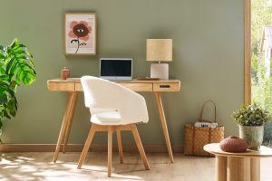 Chaise scandinave en tissu effet laine bouclée blanc et bois clair massif PRISMA