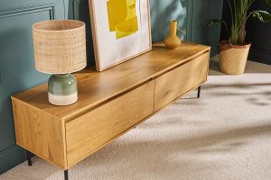 Meuble TV finition bois clair chêne 2 tiroirs L160 cm ARAGON