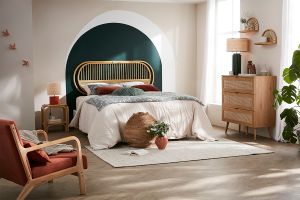 Commode finition bois clair, cannage en rotin et métal noir 3 tiroirs L100 cm MANILLE