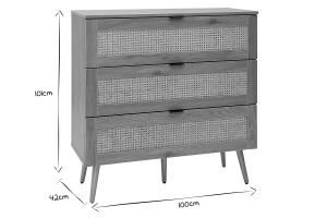 Commode finition bois clair, cannage en rotin et métal noir 3 tiroirs L100 cm MANILLE