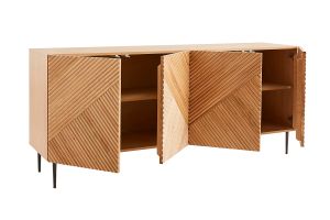 Buffet design en bois clair chêne massif gravé et métal noir 4 portes L180 cm ARCHIPEL