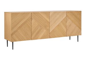 Buffet design en bois clair chêne massif gravé et métal noir 4 portes L180 cm ARCHIPEL