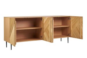 Buffet design en bois clair chêne massif gravé et métal noir 4 portes L180 cm ARCHIPEL