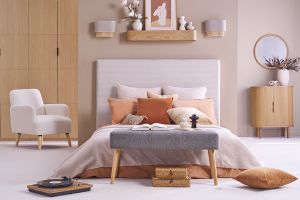 Banc scandinave capitonné en tissu effet velours texturé gris foncé et bois clair L96 cm GUESTA