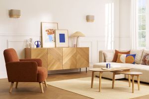 Buffet design en bois clair chêne massif gravé et métal noir 4 portes L180 cm ARCHIPEL