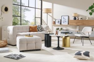 Table d'appoint design ronde en métal doré et plateau noir mat RAMSES