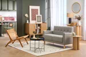 Canapé scandinave 2 places en tissu effet laine bouclée blanc et bois clair MOON