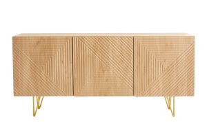 Buffet design gravé finition bois clair chêne et métal doré 3 portes L160 cm OZEN