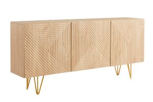 Buffet design gravé finition bois clair chêne et métal doré 3 portes L160 cm OZEN