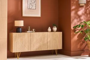 Buffet design gravé finition bois clair chêne et métal doré 3 portes L160 cm OZEN